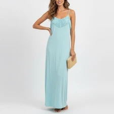 Bonsai California Maxi Dress Boho Fringe Spaghetti Strap Turquoise Blue Size L