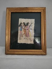 EGYPTIAN Handpainted Papyrus WOMEN MUSIC PLAYERS Signed & FramedW/coa