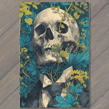Art Print Skull Flowers Bloom Suit Teal Yellow Botanical Gothic Surreal Design