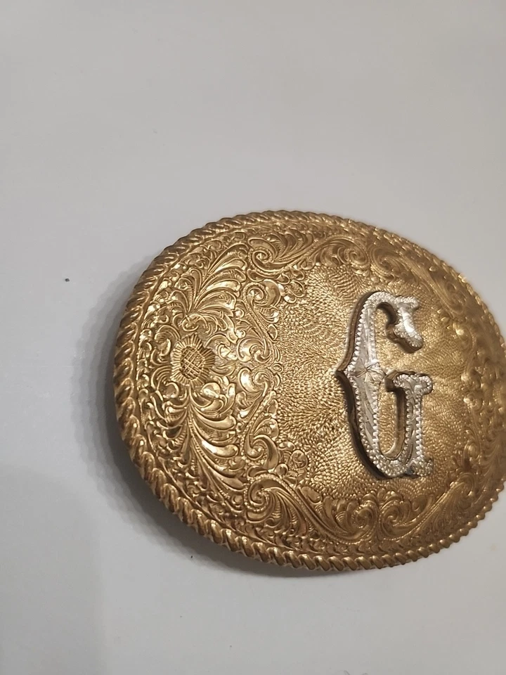 Vintage Crumrine Silver Gold Tone Brass Letter G Western Belt Buckle - Image 4 of 4