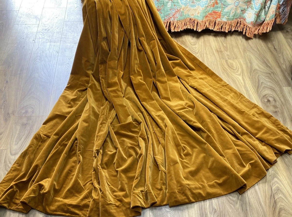 Vtg Gold Mustard Velvet Curtains Cotton Lined Pair Tab Top+Tiebacks W71”L65”VGC