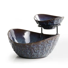 Fruit Bowl for Kitchen Counter, 2 Tiered Oval Bowls with Metal Stand Porcelai...