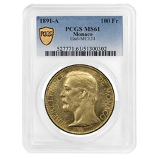 1891-A Monaco Gold 100 Francs Albert I MS-61 PCGS
