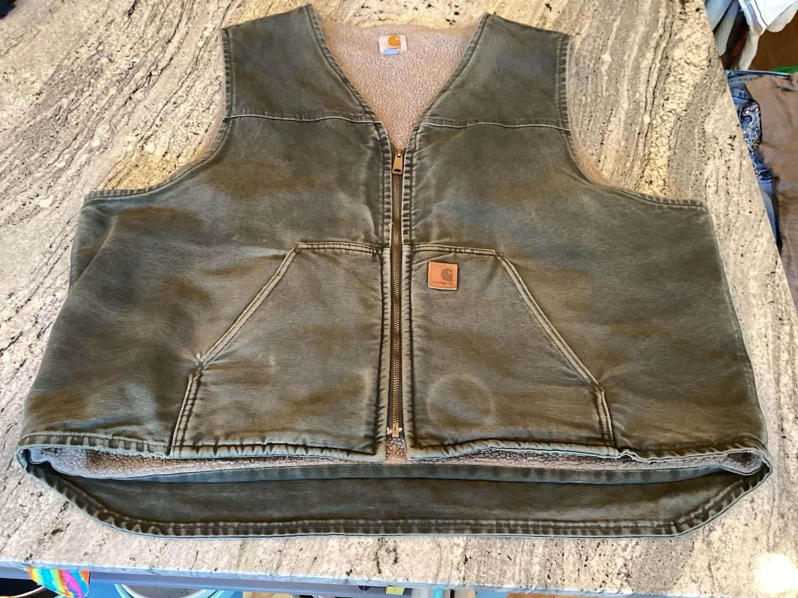 Vintage Carhartt Mens 3XL Faded Green Sherpa Lined Work Canvas Vest