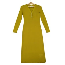 FRNCH Paris Ribbed Knit Midi Dress Cotton Blend Button Front Gold Mustard