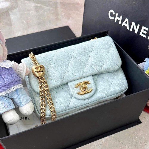 Chanel Classic Mini Sweetheart Charm Bag Baby Blue Caviar, full set New