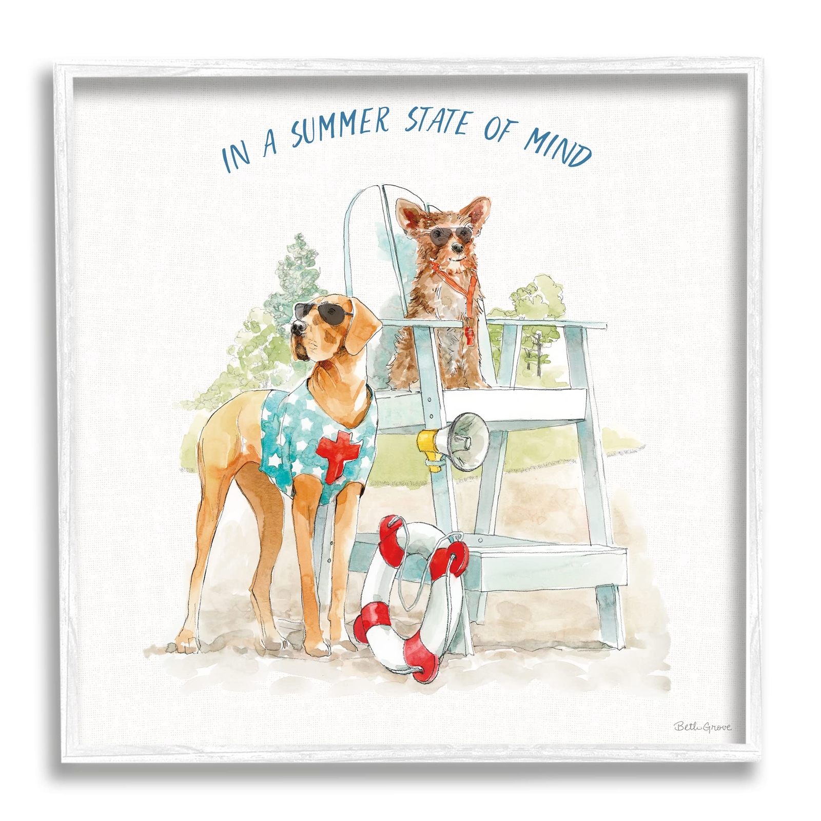 State of Mind Phrase Summer Lifeguard Dogs White Framed Wall Art, 17 x 17, Or...