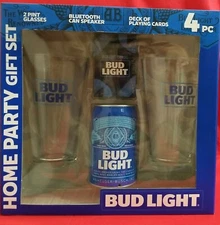 Bud Light Home Party Gift Set 2-Pint Glasses-Bluetooth Can Speaker-Deck of Cards