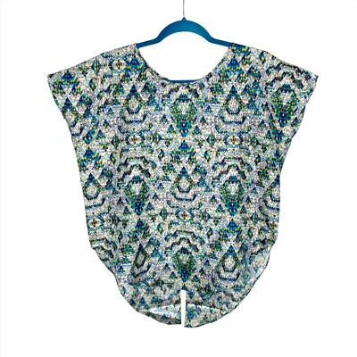 NWT Parker Slit Back Cap Sleeve Blouse Medium Green Geometric Kaleidoscope Print