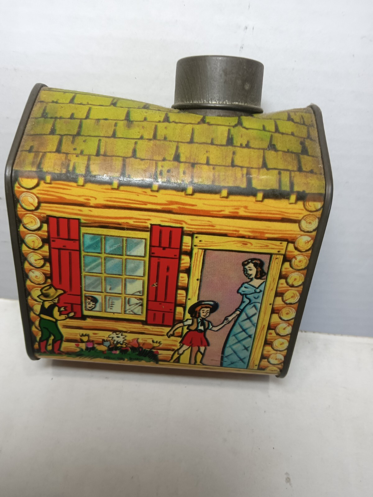 Tin Coin bank Advertising Towles Log Cabin House Kids mother syrup 1950 ...