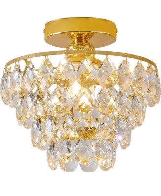 Modern Gold Crystal Chandeliers Mini Semi Flush Mount Raindrop Crystal Lighting