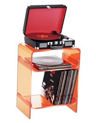 Acrylic Record Player Table with Storage Shelf, Clear Side Table Orange