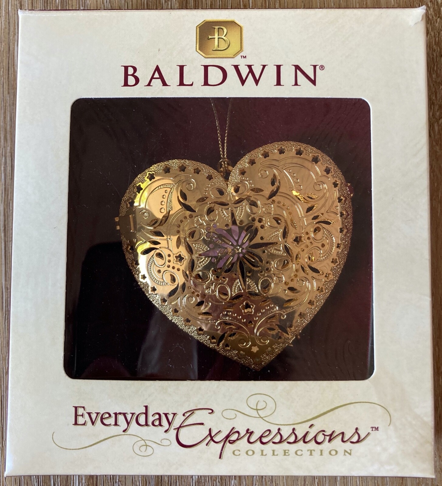 Baldwin Puffed Heart Hinged 24kt Gold Finish Brass I Love You Pink