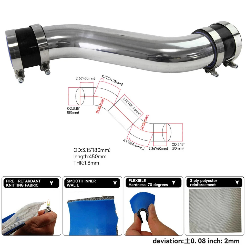 Tubo intercooler turbo de aluminio en forma de Z/S de 80 mm 3,15" + manguera de silicona + abrazaderas BK Foto 4 de 4
