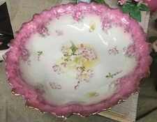 Lovely 10" Antique Painted Bowl Pink Floral and Pink & Gold Trim Made in Austria