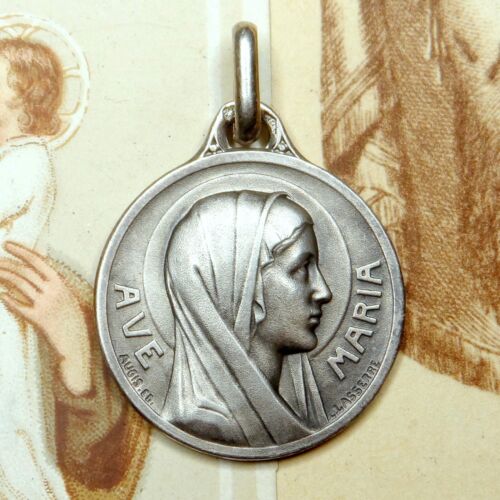 Ave Maria, Saint Mary. Antique Religious Silver Pendant. Large Medal by Lasserre - Afbeelding 1 van 5
