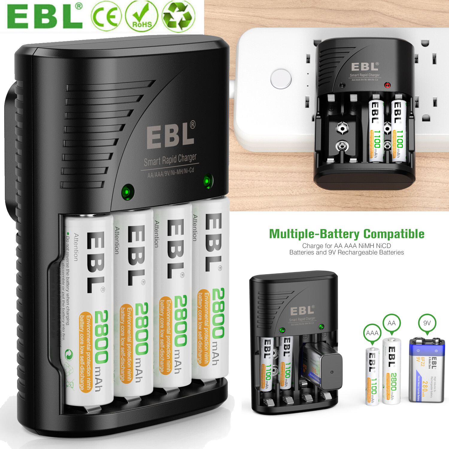 EBL AA AAA NiMH Rechargeable Batteries w/AA AAA 9V Li-ion Battery Charger Plug-image