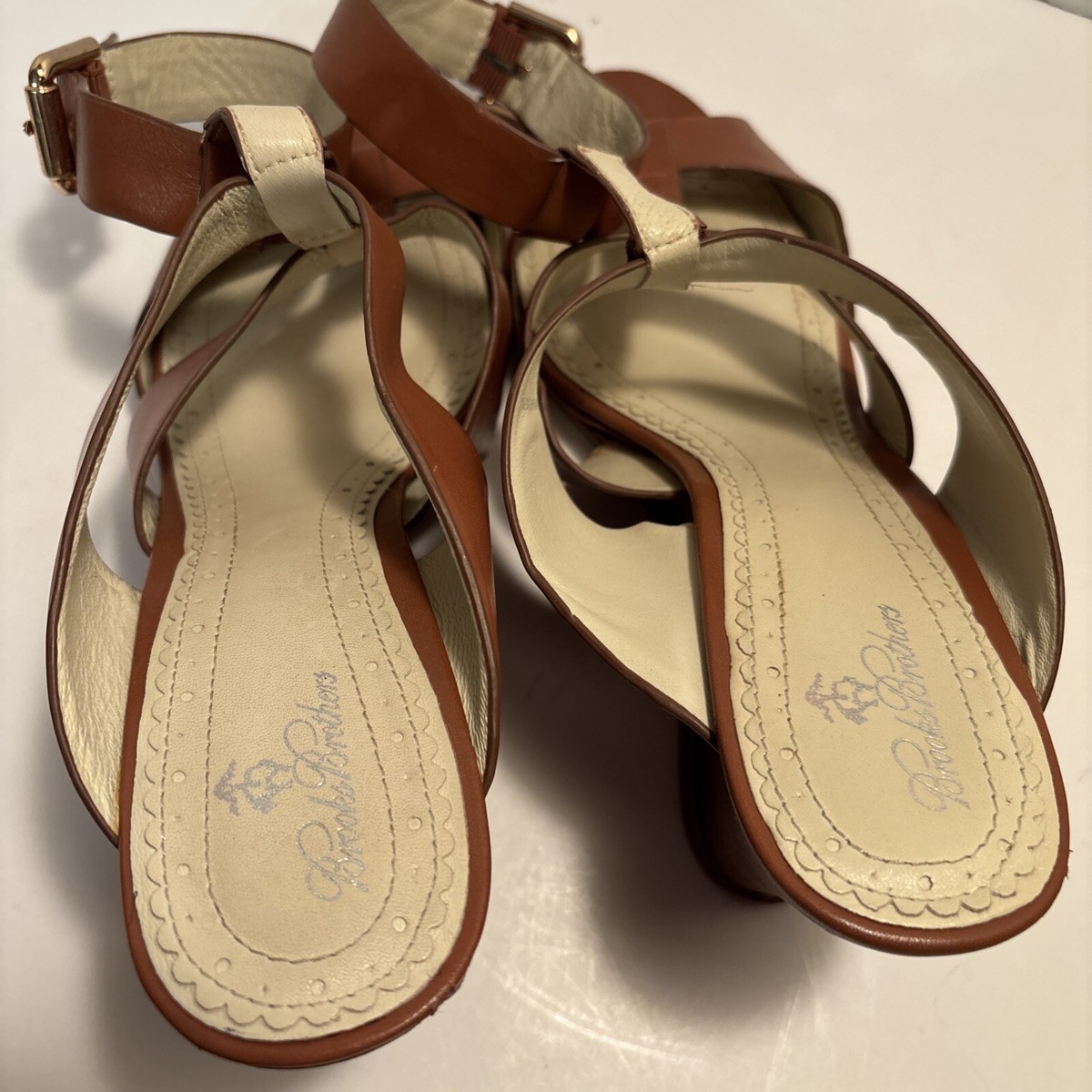 Brooks Brothers W-9 Sandals Leather  Ankle Strap Wedges Soft Light Brown View 5