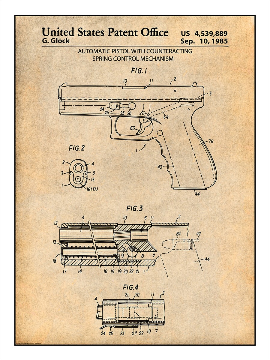 1985 Glock Automatic Pistol Gun Patent Print Art Drawing