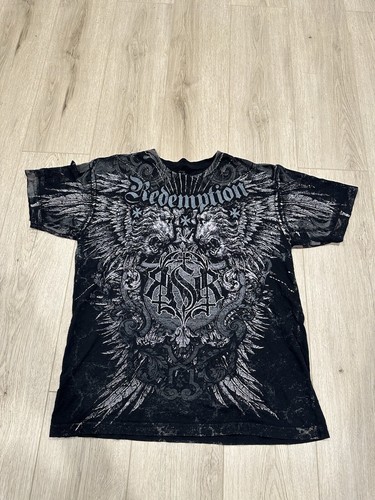 Y2K Raw State Redemption Cross T-Shirt Mens XL Gothic Emo Grunge AOP Distressed