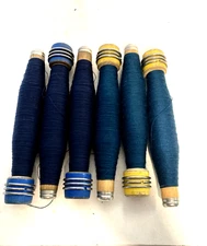 Wrapped Wood Quills, Bobbins, Spools, 3 dark blue, 3 green, Textile, lot of 6:
