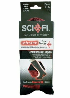 TRUEENERGY Compression Socks Black Infrared Thread Mens L/XL Over the Calf Socks