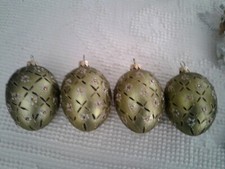 4 EGG SHAPED GREEN JEWELED CHRISTMAS ORNAMENTS