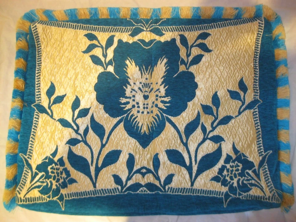 Lot 7 Ancienne HOUSSE DE COUSSIN en TISSU BRODÉ DÉCOR FLORAL TURQUOISE Oriental? - Photo 3/4