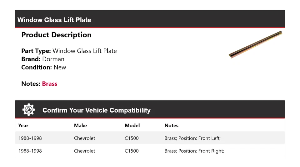 Placa elevadora de vidrio ventana Dorman 1988-1998 Chevrolet C1500 1989 1990 1991 1992 Foto 2 de 4