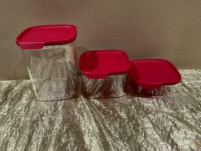 Tupperware New Set of 3 Ultra Clear Elegant Square Containers with Red Lids