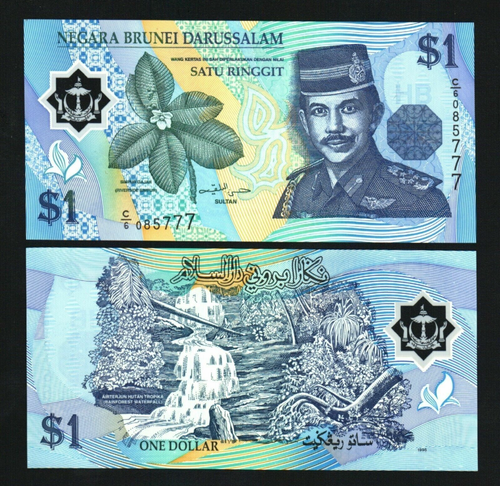 Brunei 1 RINGGIT P-22 1996 1st Date POLYMER UNC WATERFALL Bruneian Currency NOTE