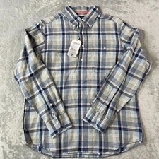 Cremieux Shirt Men Size Medium Blue Plaid Linen Popover Resort Casual Summer