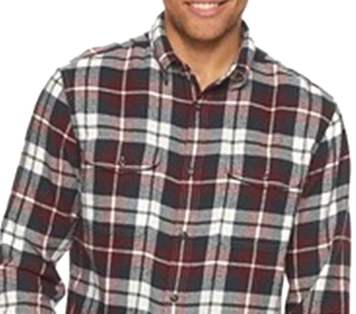 Mens Flannel Shirt Sonoma Classic Fit Burgundy Plaid NWT Long Sleeve 2-Pocket L