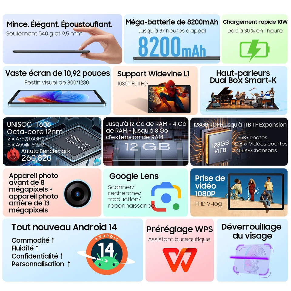 Blackview Tab 90 WiFi Tablette Android 11 Pouces 12Go+128Go 8200mAh Widevine L1 - Photo 3/4