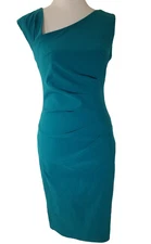 MUXXN Blue Stretch Pencil Dress Sz M Asymmetrical Sleeveless Ruched Sheath 3609