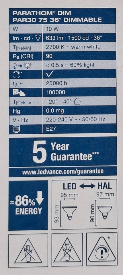 2 x Dimmable LED PAR30 Floodlight Globes / Bulb 10W 240V E27 Warm White 2700K - Image 3 of 4