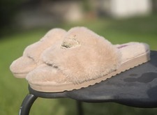 Juicy Couture Women's Pink Faux Fur Slide Slippers Rhinestone Crown