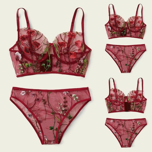 Women's Lace Floral Embroidery Sexy and Elegant Push Up Bra Set Sleepwear