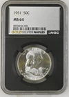 1951 - 0.3617oz Silver Franklin Half Dollar - NGC MS64 (S13B-B1)