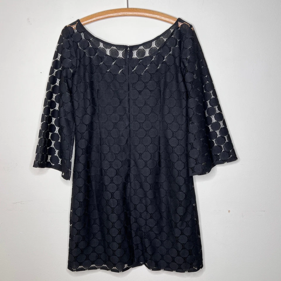 Muse Black Polka Dot Lace Bell Sleeve Shift Little Black Party Dress LBD Size 4 - Image 3 of 4