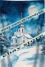Blue Church tapestry nostalgic snowy chapel style 39X59 in