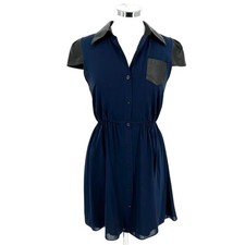 Alice + Olivia Kendale Leather Cap Sleeve Silk Shirt Dress Blue Black Size Small