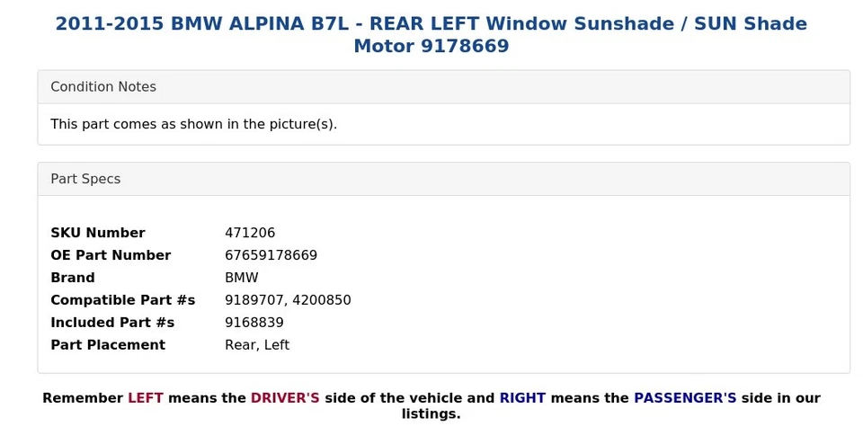 BMW ALPINA B7L 2011-2015 - Parasol ventana trasera izquierda/motor parasol 9178669 Foto 4 de 4