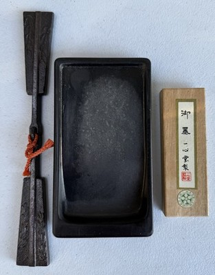 Vintage Japan Calligraphy Writing Set Inkstone Ink Stick And Paper Weight