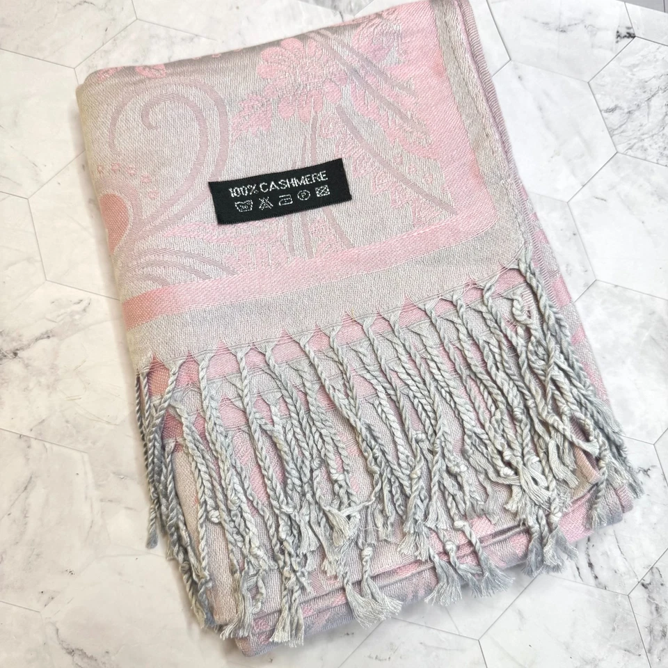 Pashmina 100% Cachemira Rosa y Plata Floral Largo Lujo Bufanda Envoltura 78x28" en Usado en Excelente Condición Foto 2 de 4