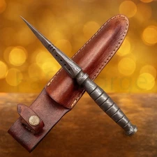 Handmade Damascus Steel Triangular stiletto tri-dagger trench spike & Sheath