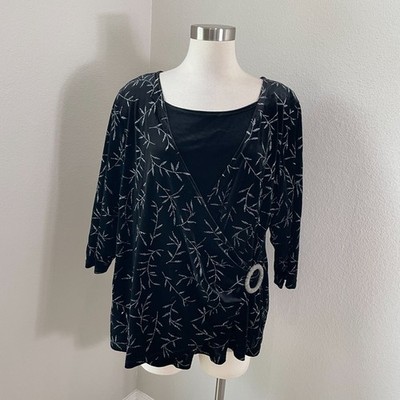 Notations Woman Plus 3X Velvet Black Metallic Silver Floral Blouse Shirt