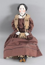 34in Antique Victorian German Porcelain China Head Doll, Shawl Muff & Chatelaine