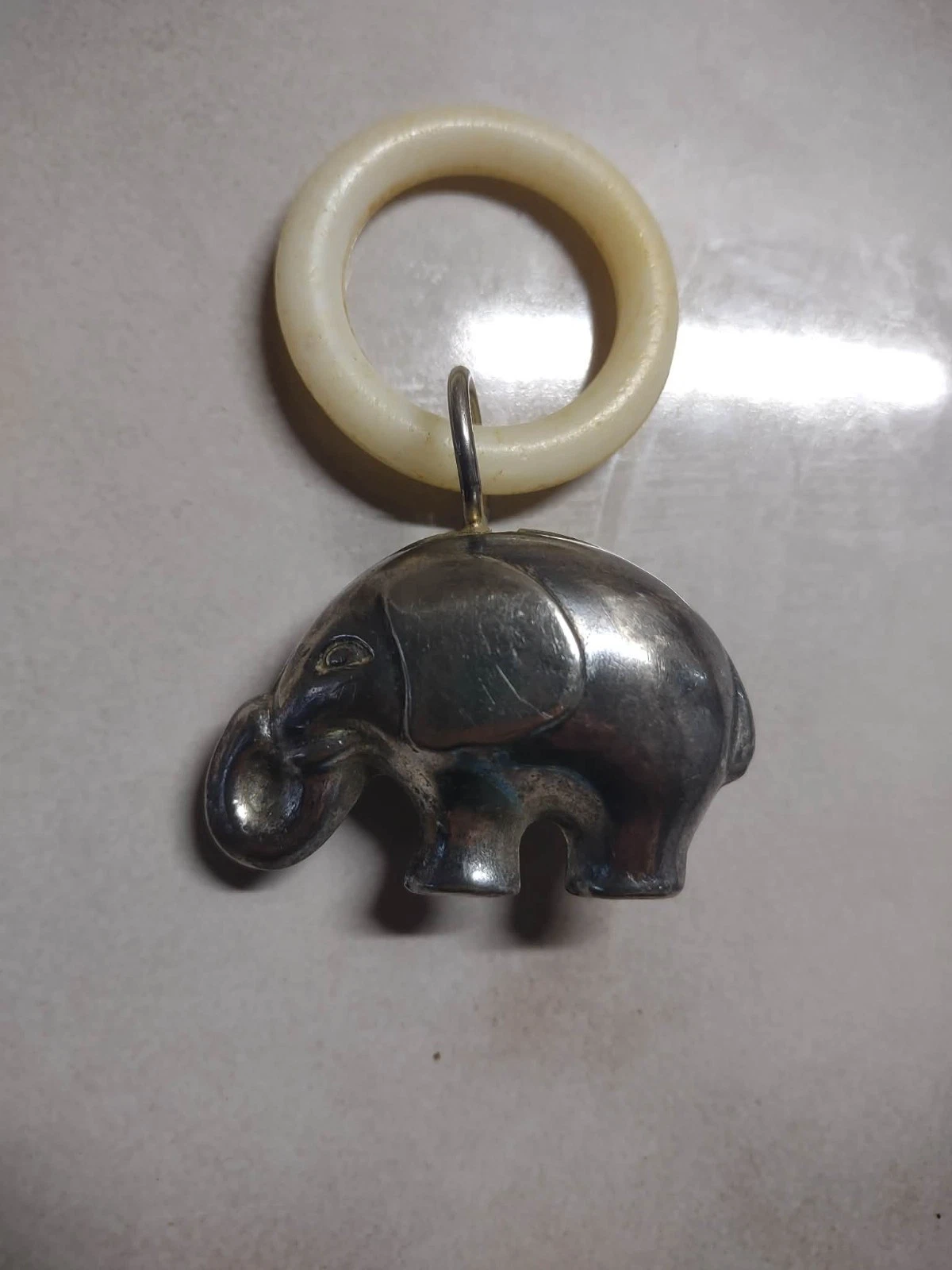Vintage Baby Rattle Teething Ring Silver Plated Elephant