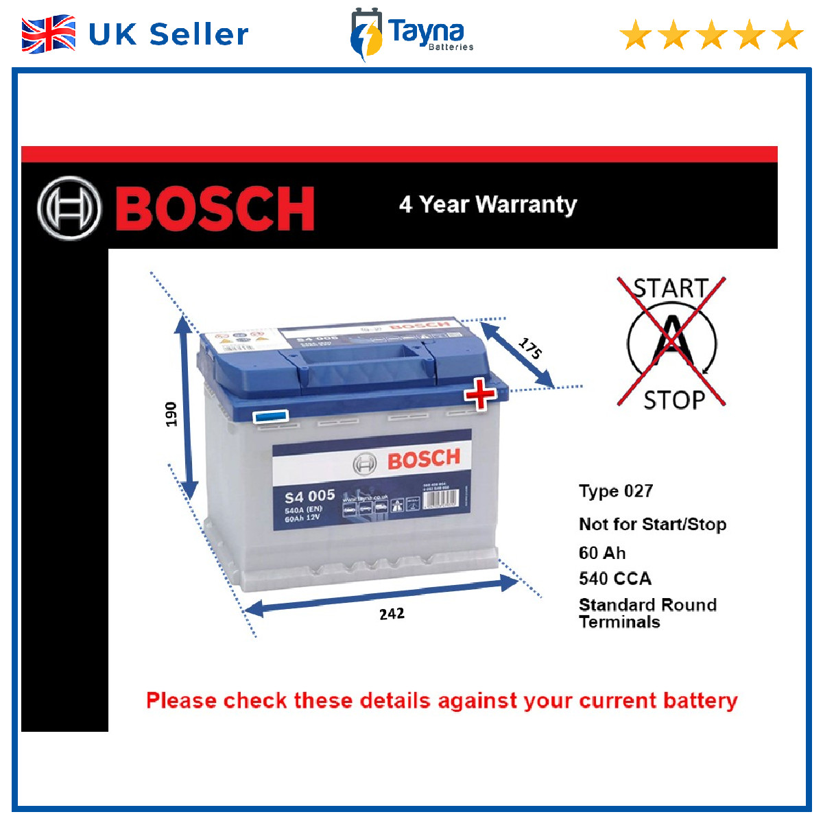 Battery fits VW FOX LUPO CORRADO SHARAN TOURAN BORA GOLF Bosch 027 540A